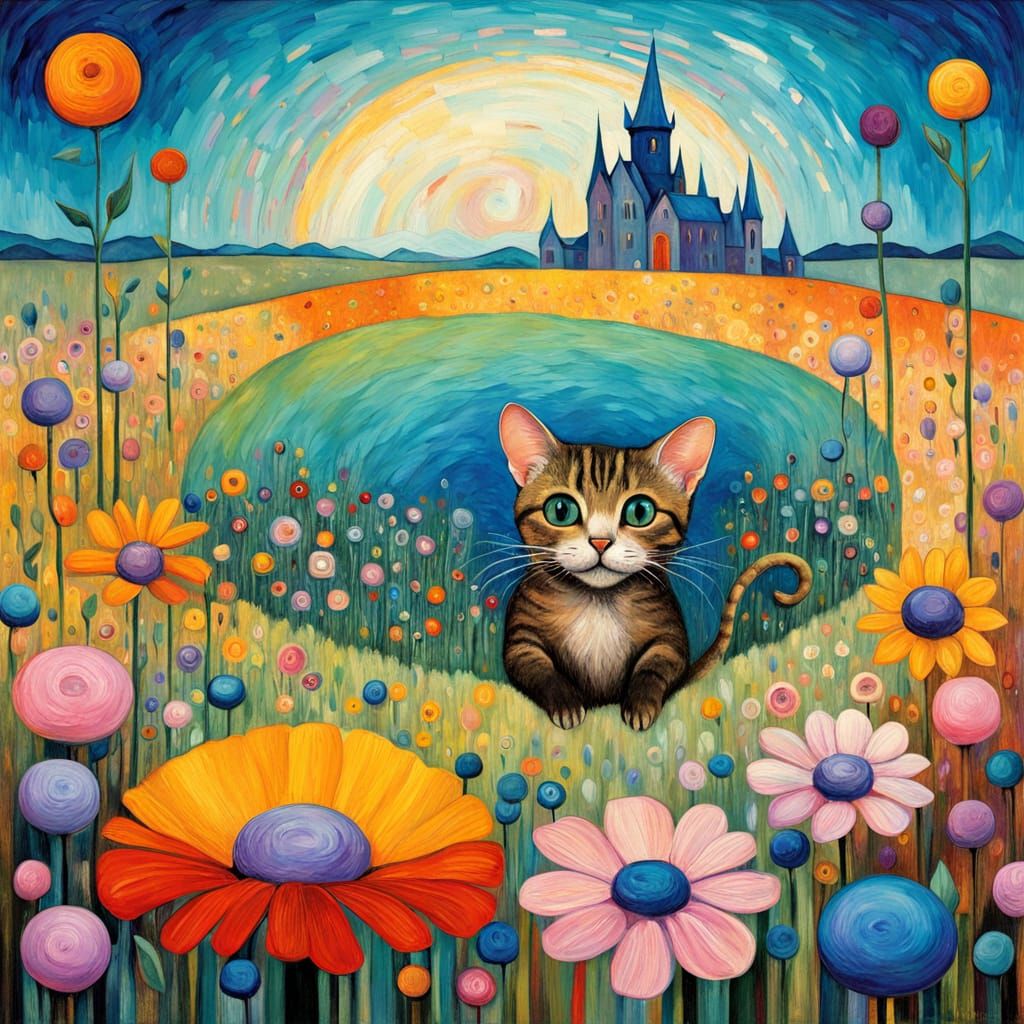 Surreal Cat and Mouse Among Flowers in Impasto Acrylic Style