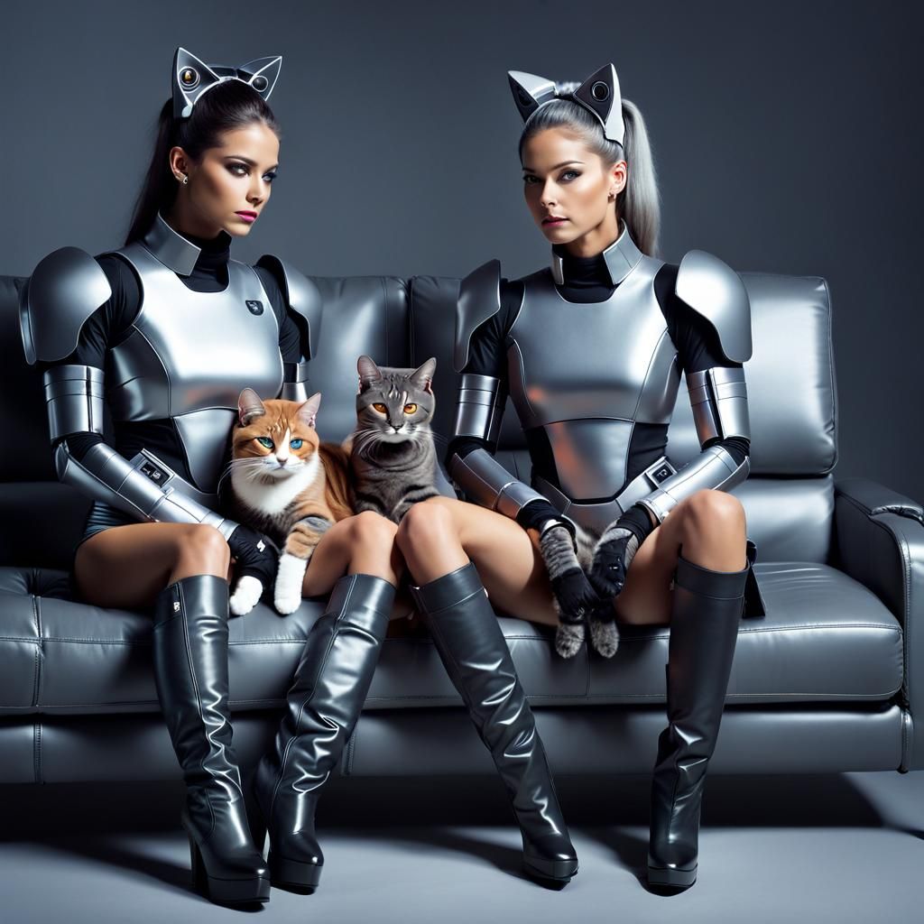 Female Robots Cuddle Cat on Sofa in Sci-Fi Style