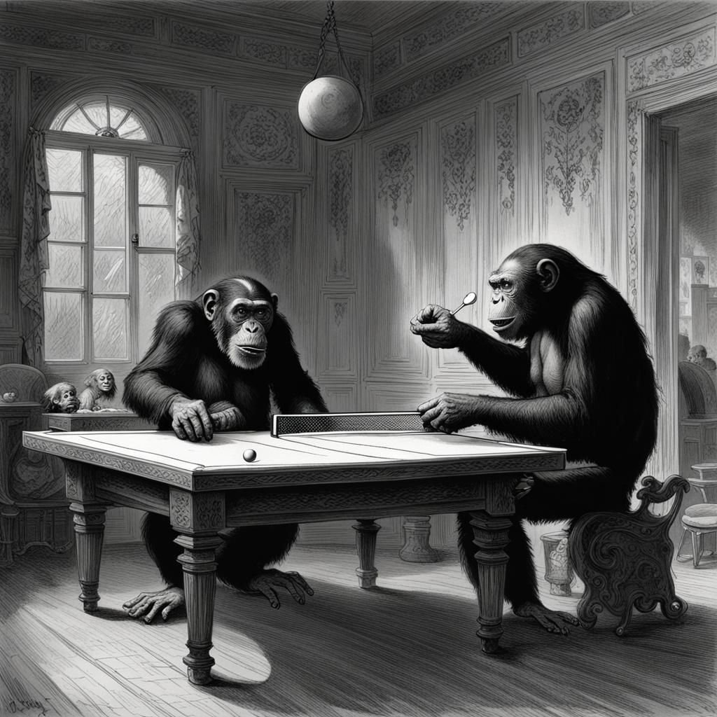 Old Man Teaching Chimpanzee Ping Pong, Gothic Horror Style