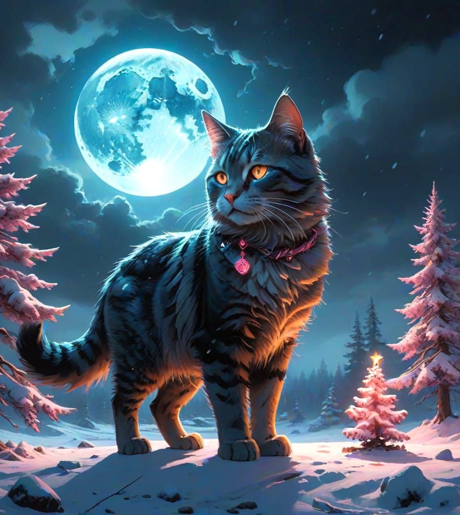 Glowing Yule Cat Adorns Wintery Christmas Scene in Fine Art....