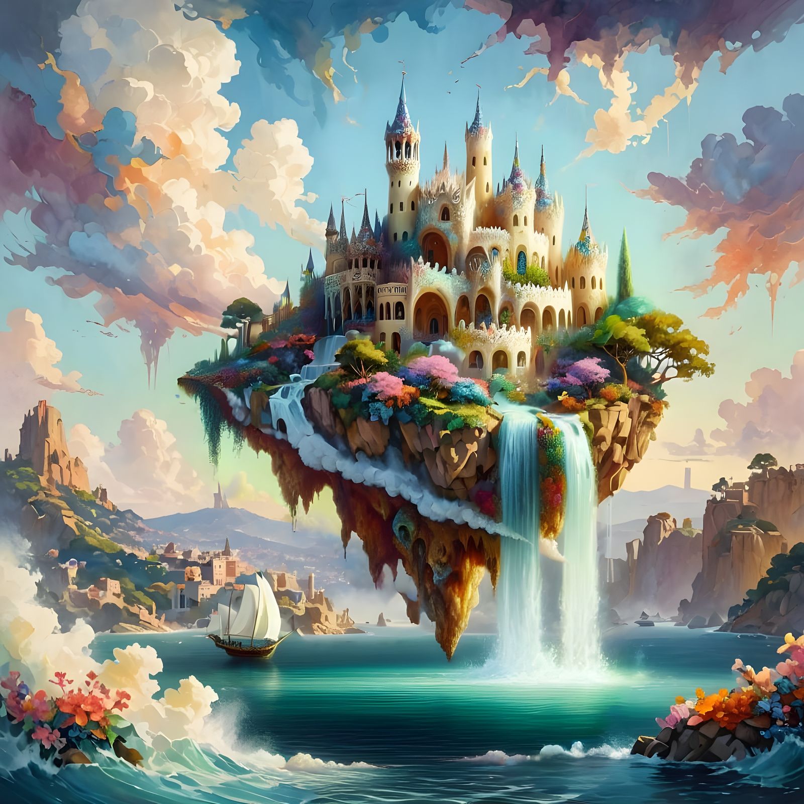 Floating Island Castle with Waterfall in Late 19th Century S...