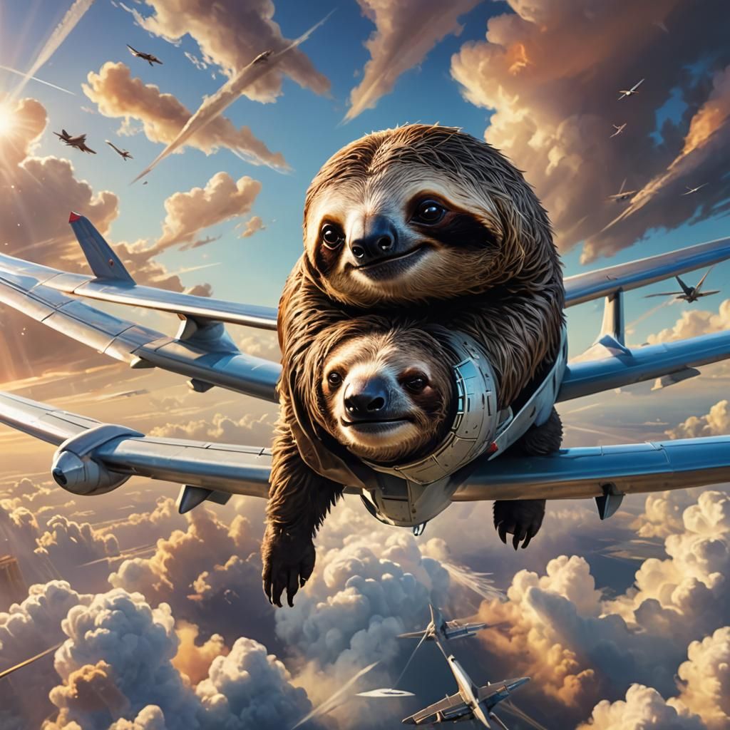 Sloth's Perilous Flight: Hyperrealistic Aviation Concept Art
