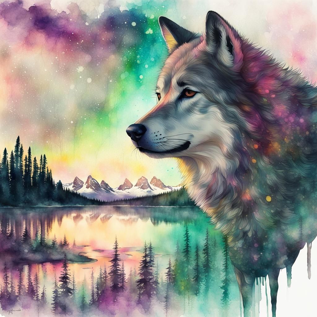 wholewolf+auroraborealis, double exposure splash art watercolour and pen, Layered Inside, double exposure, merged Painte...