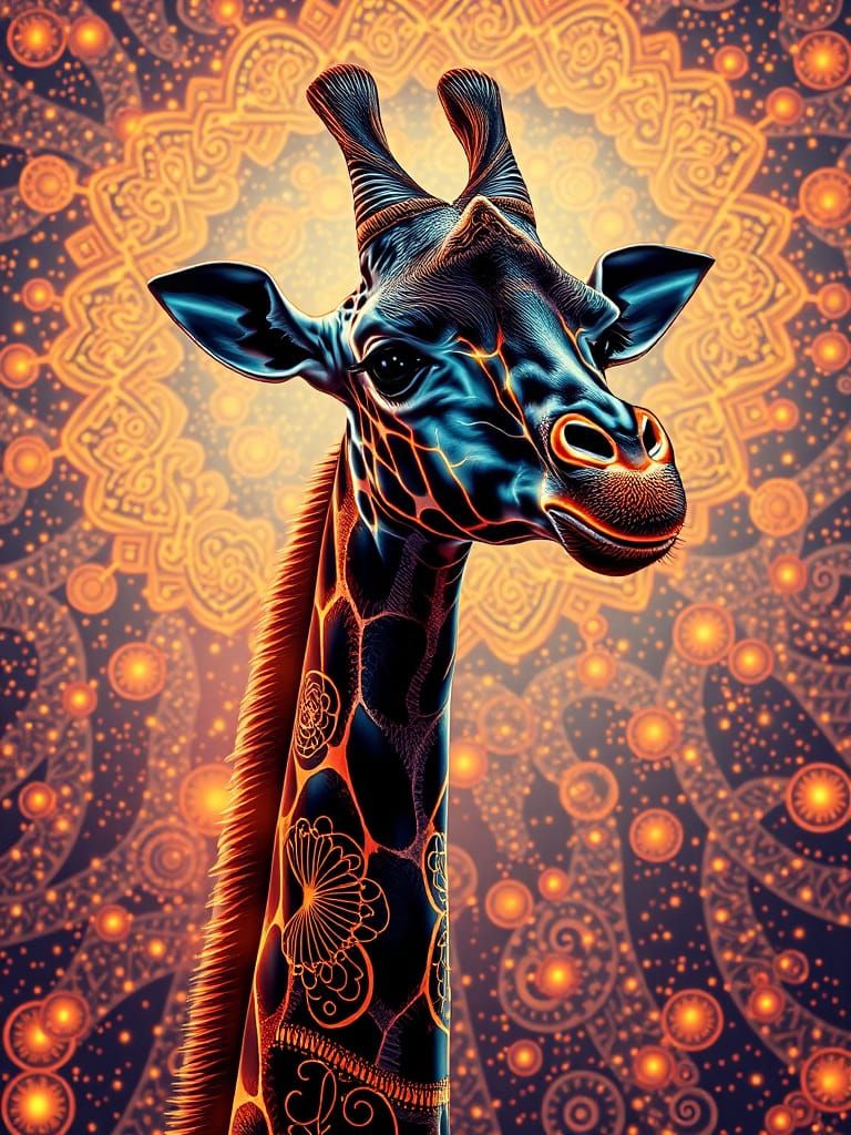 Neon Giraffe with Geometric Zentangle Patterns