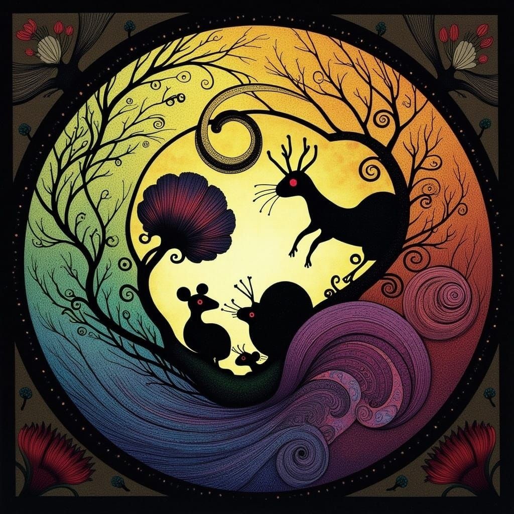 Stained Glass Rats in Whimsical Art Nouveau Setting