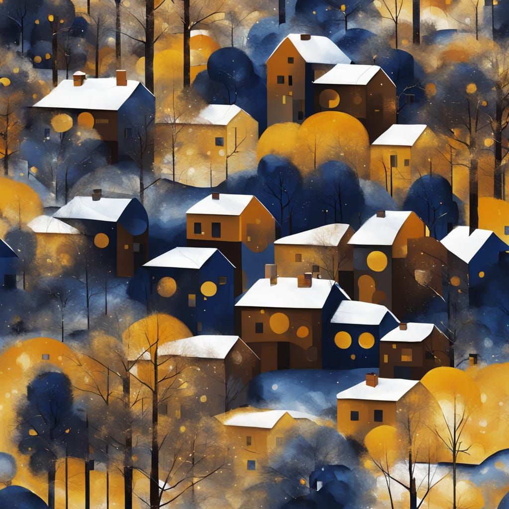 Abstract Winter Landscape with Colorful Trees in Fractal Sty...