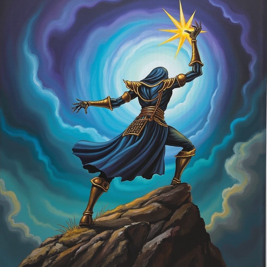 Heroic Warrior on Mountain Peak in Fantasy Landscape