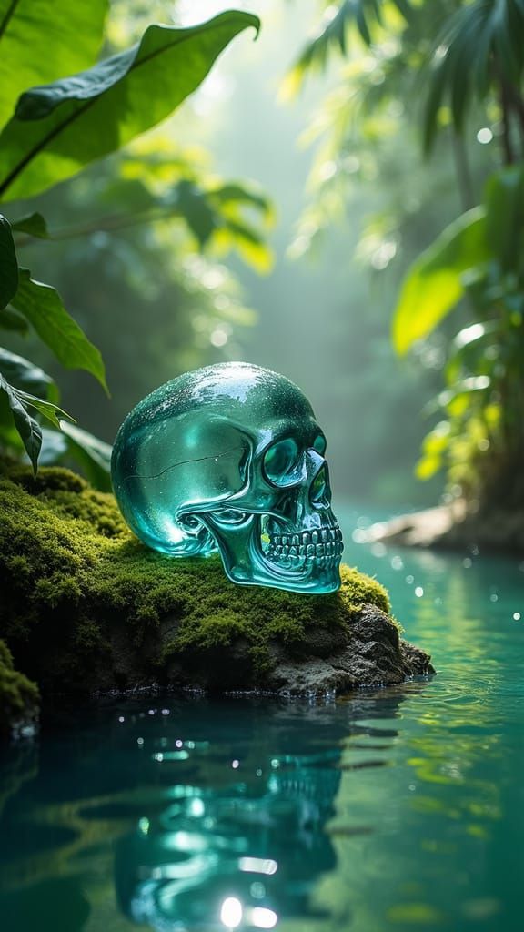 Ethereal Glass Skull in Jungle Oasis