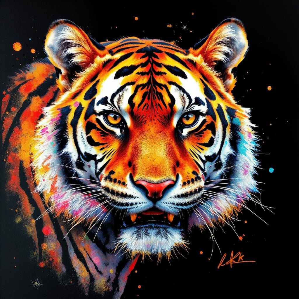 Hyper-Realistic Tiger's Face in Vibrant Ink and Watercolor