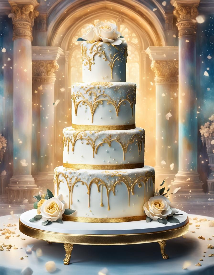 Elegant White Wedding Cake with Gold Icing