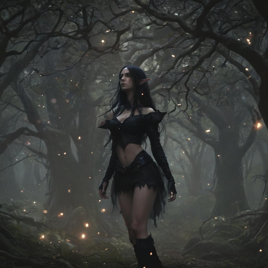 Dark Elf in Eerie Forest: Dark Fantasy Art