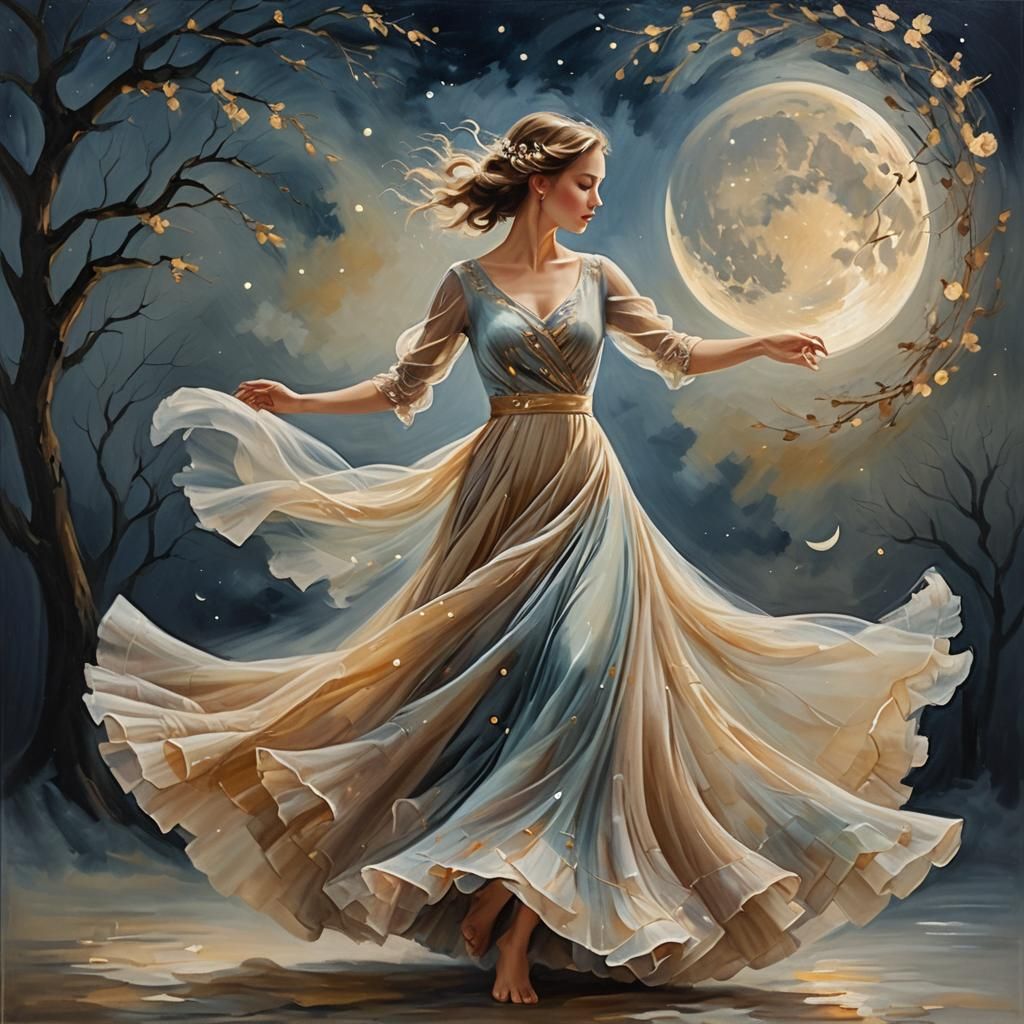 Ethereal Lady Twirling Under Moon in Impressionist Style