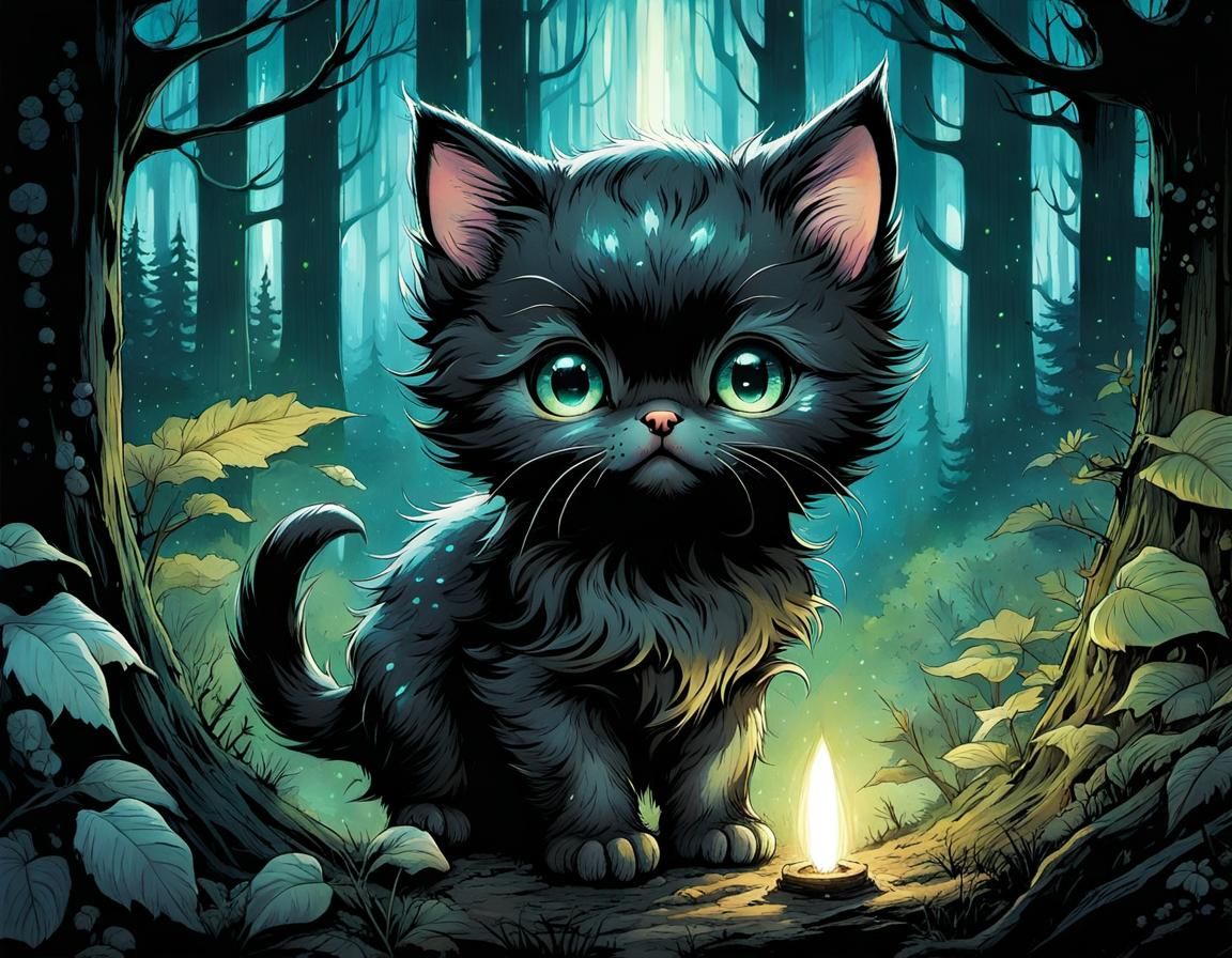 Chibi Kitten with Aurora Eyes in Vintage Illustration