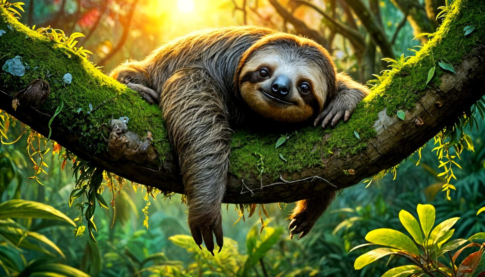 Adorable Sloth Sleeps on Mossy Branch at Sunset
