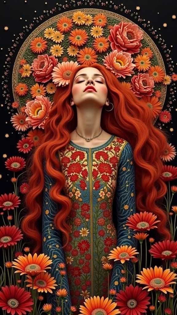 Serene Woman Surrounded by Flowers in Art Nouveau Style