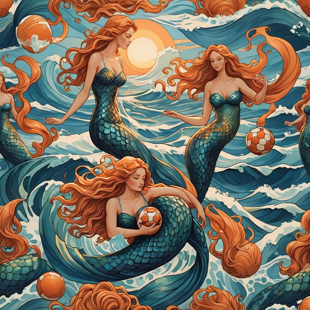Elegant Mermaid with Football in Fantasy Seascape