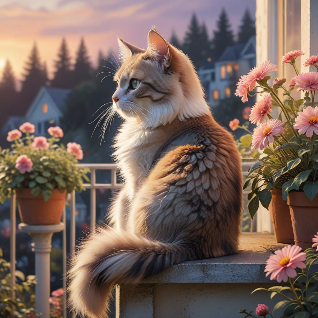 Fuzzy Cat on Balcony in Dreamy Watercolor Style