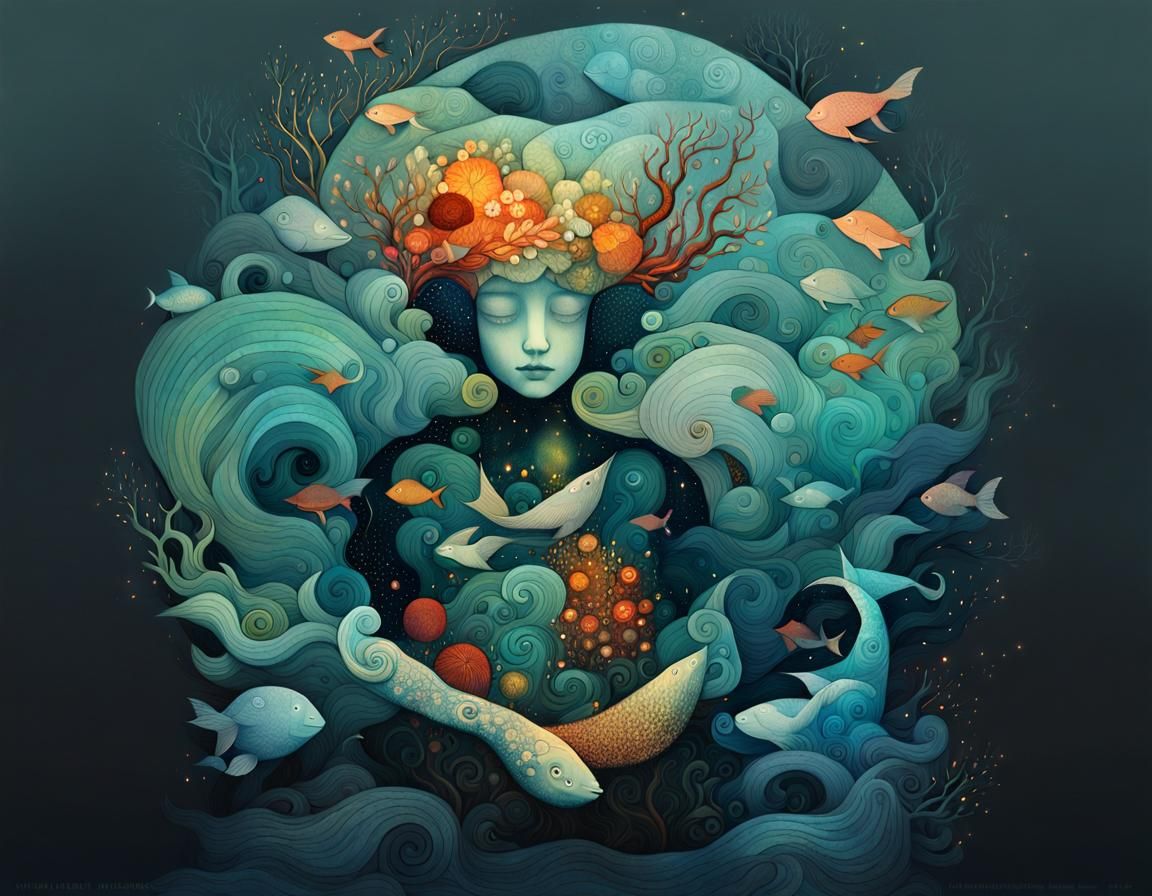 Vibrant Ocean at Night in Collage Style