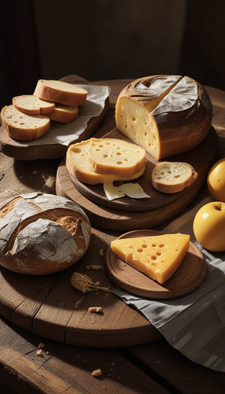 Rustic Cheese and Bread Platter: A Digital Painting