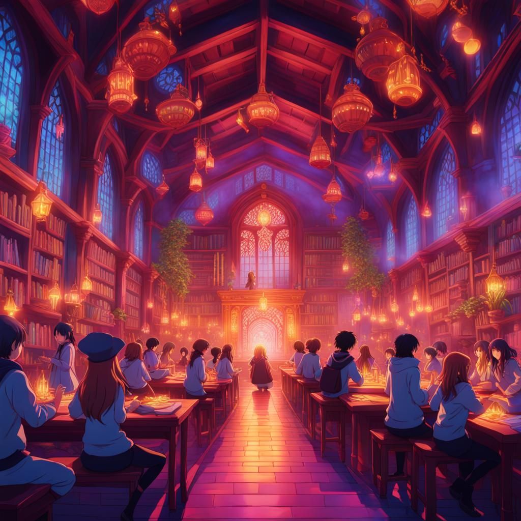 Depiction of a magic school teeming with students