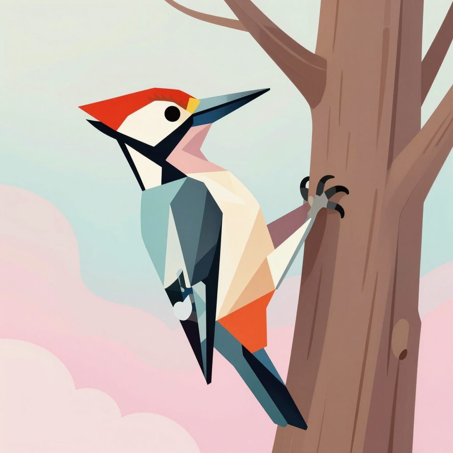 Geometric Woodpecker on Oak Tree in Pastel Hues