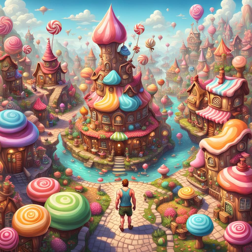 Fairy Town with Giant Man in Candy Art Style