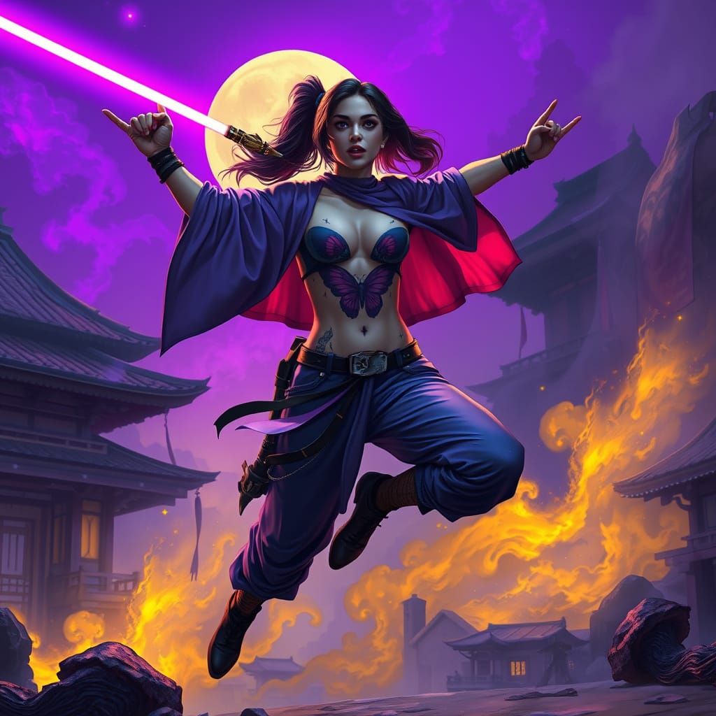Jedi Warrior Leaps in Feudal Japan, Dark Fantasy Style