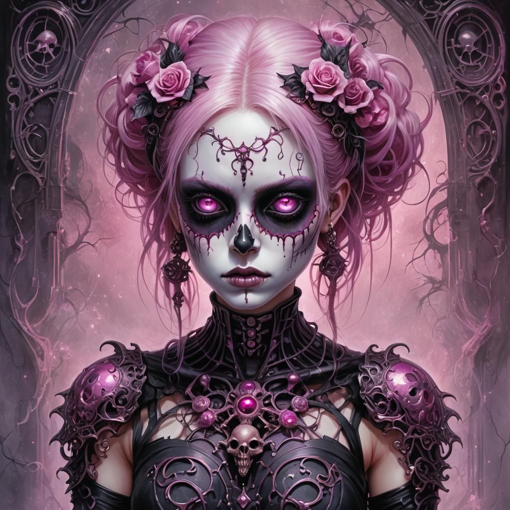 Gothic Punk Girl with Bioluminescent Skull