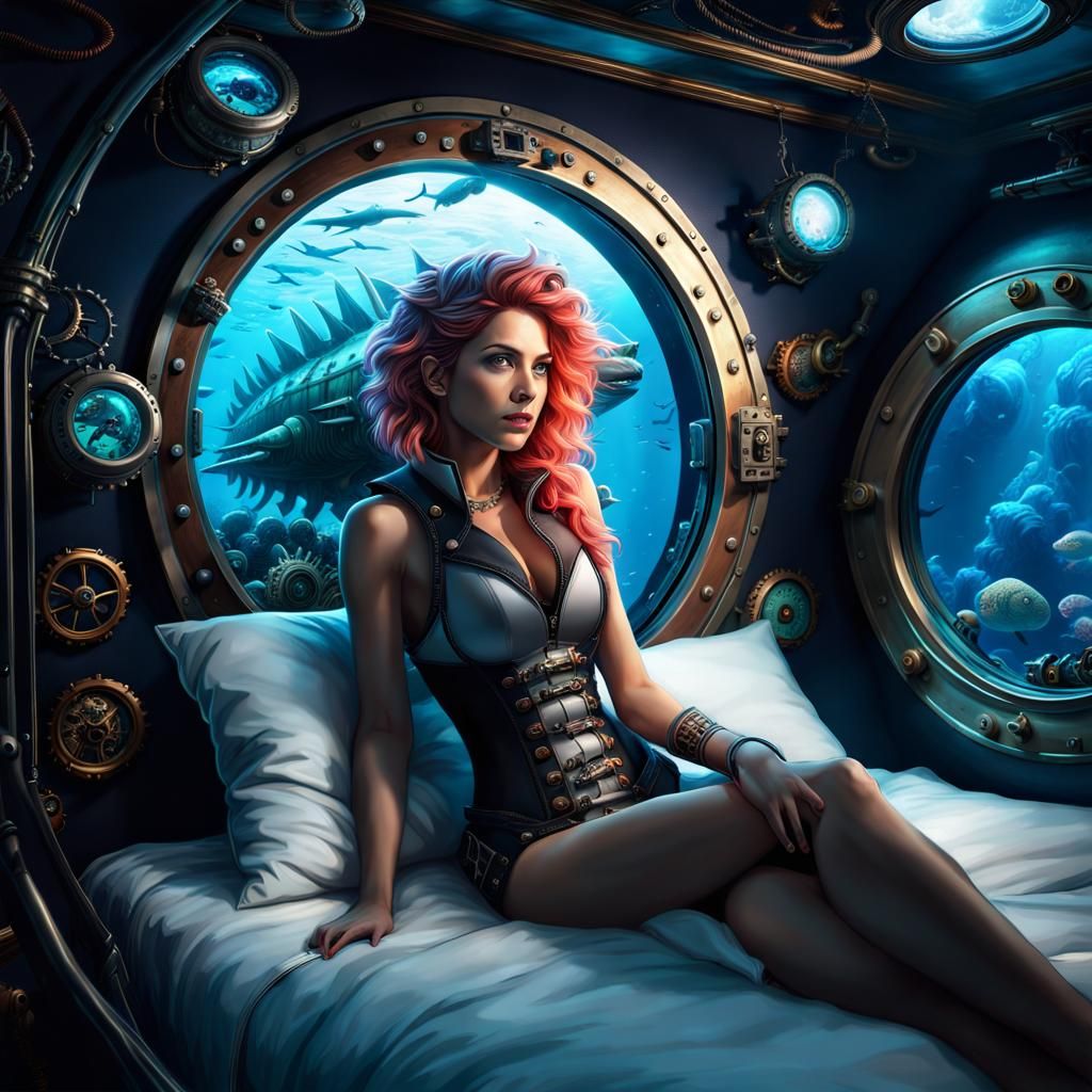 Steampunk Beauty in Submarine with Sea Monsters