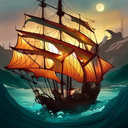 Luminous Pirate Ship Digital Painting with Golden Outlines