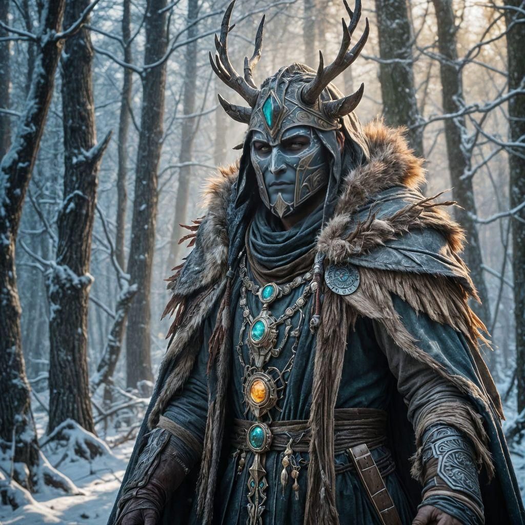 Masked Shaman in Winter Forest, Epic Fantasy Art