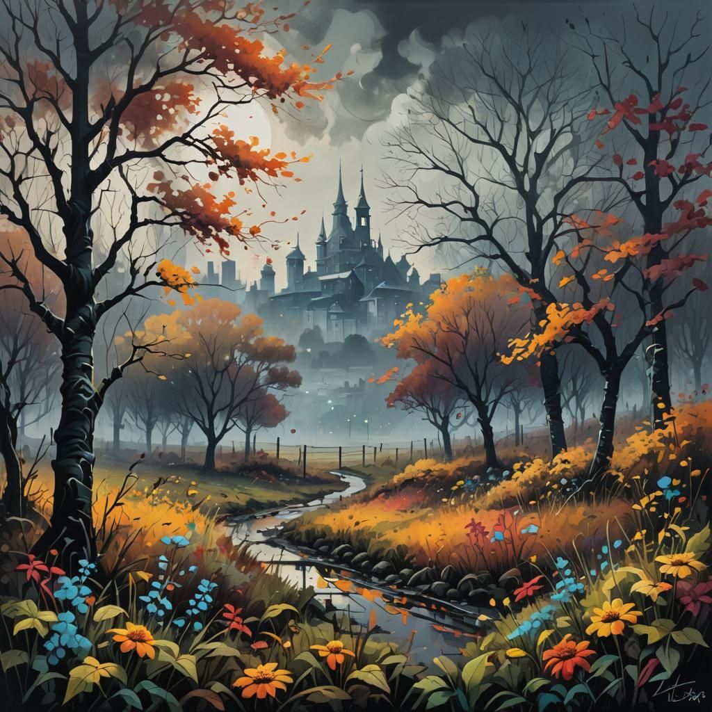 Misty Autumn Evening in Vibrant Graffiti Style