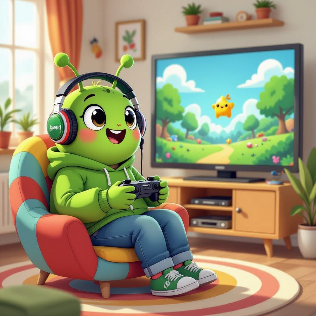 Cartoon Caterpillar Playing Video Games