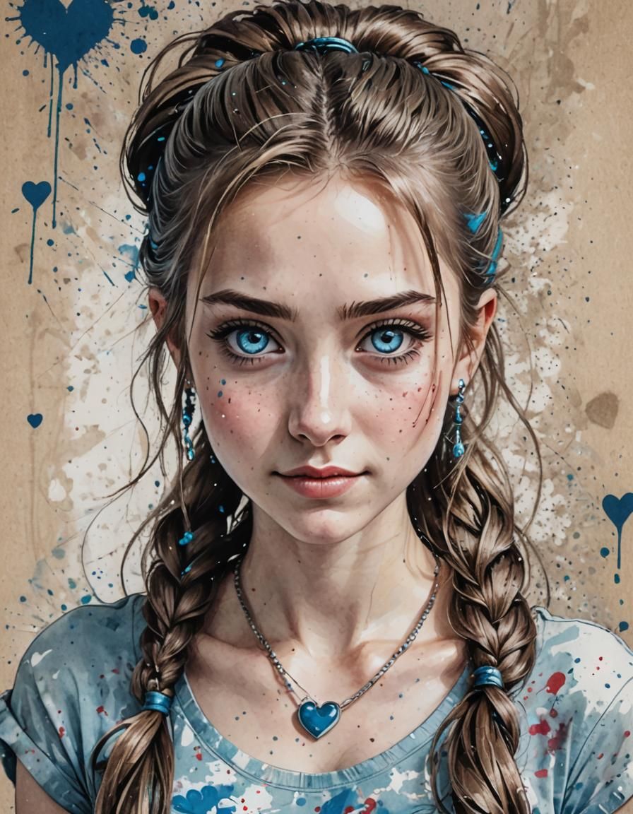 Young Girl with Blue Eyes in Ink Splatter Style