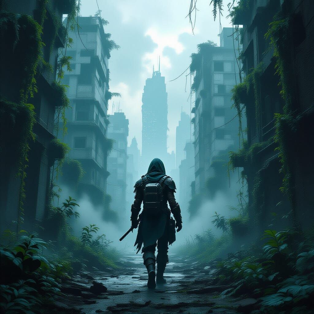Lone Survivor in Overgrown Cityscape Concept Art