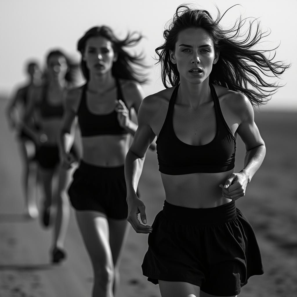 Intense Black and White Photo of Running Women
