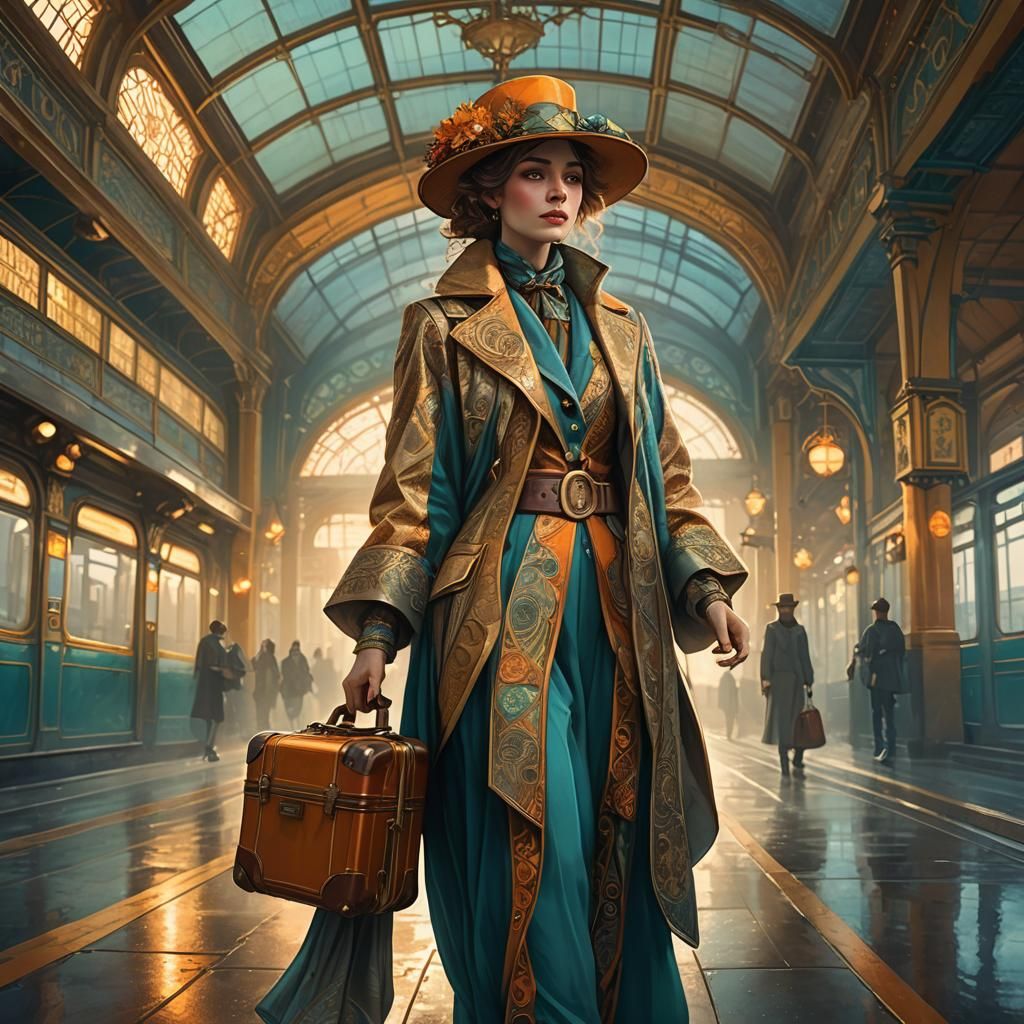 Art Nouveau Woman in Golden Hour Train Station