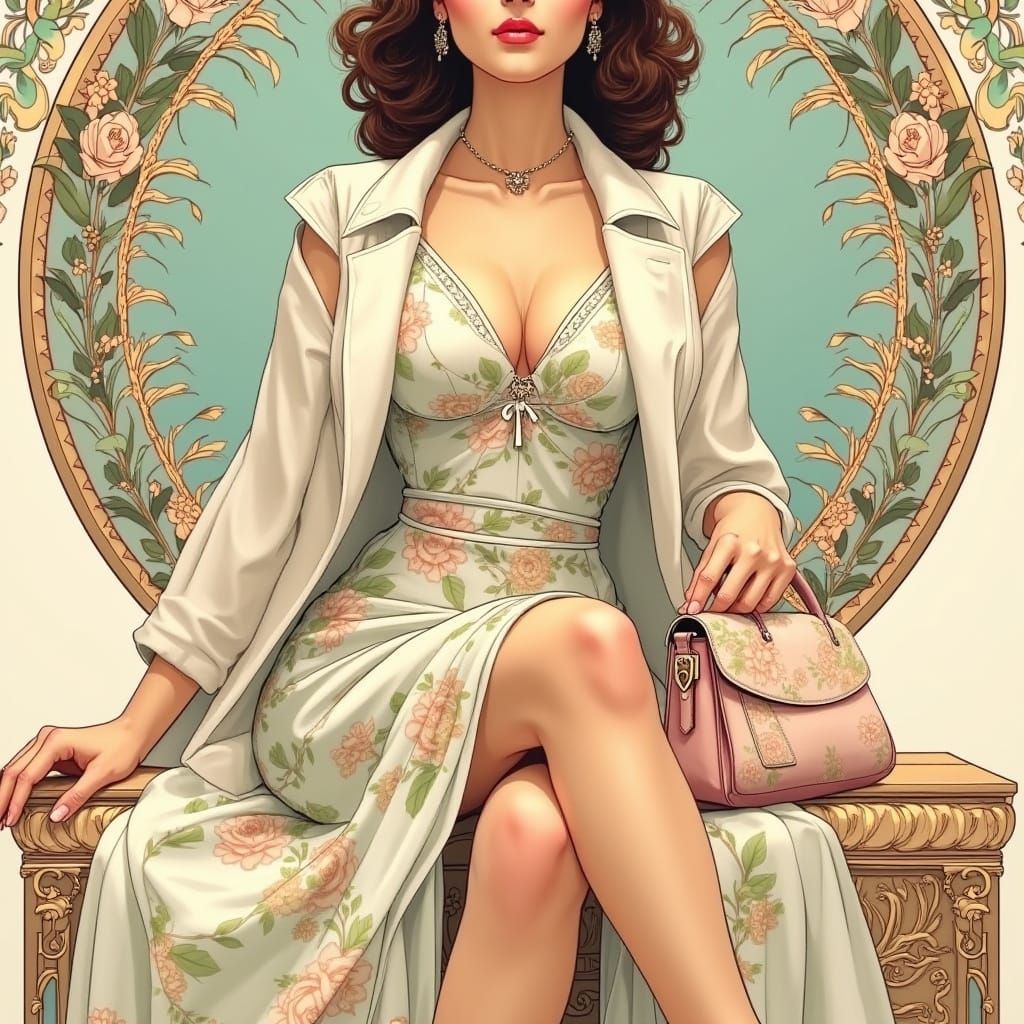 Elegant Brunette in Floral Dress, Art Nouveau Style