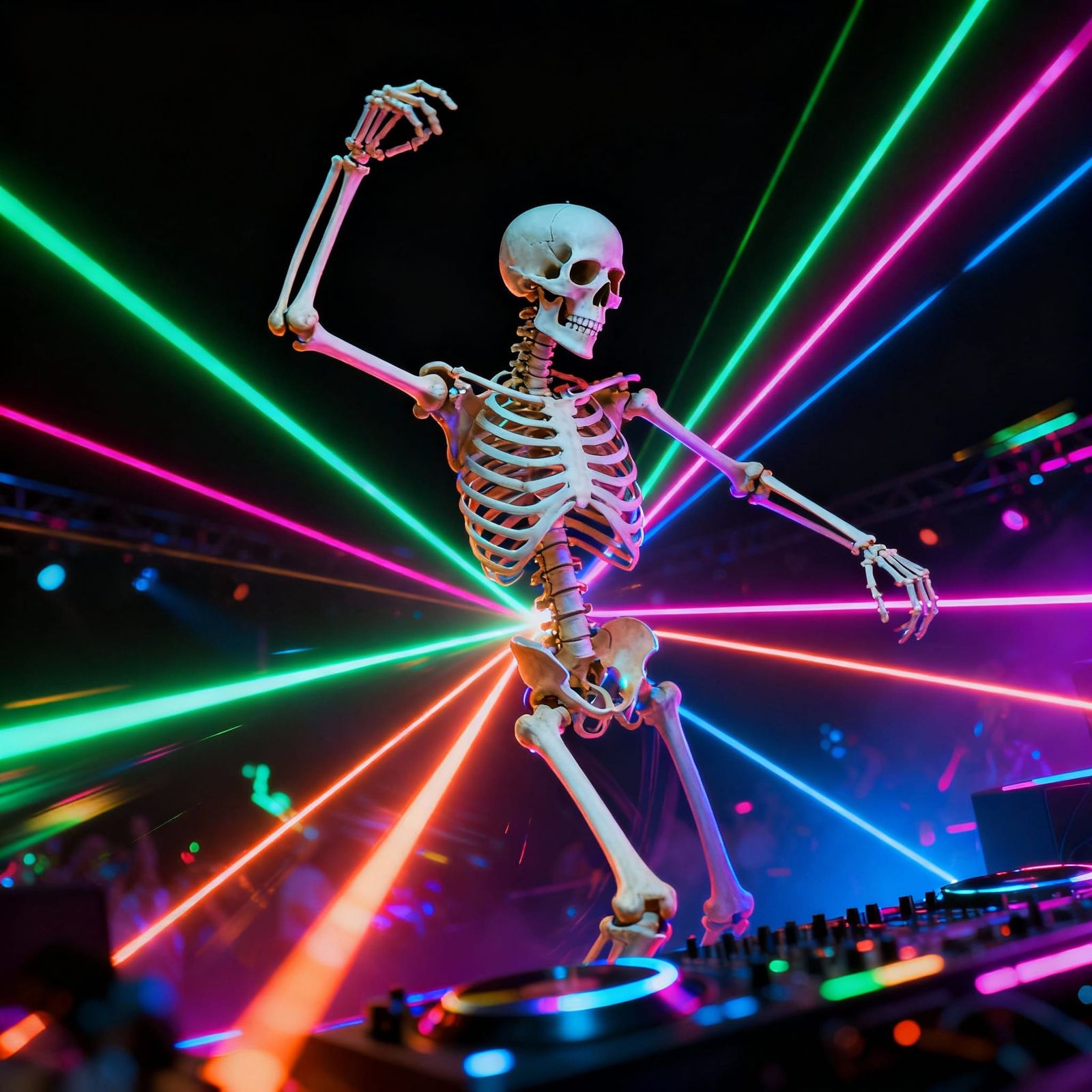 Skeleton Dancing at Neon Rave in 3D Render