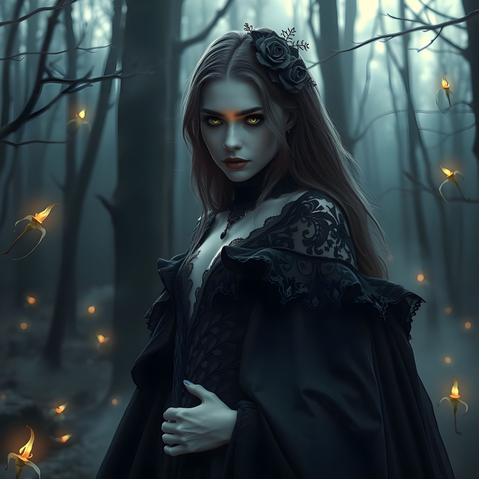 Ethereal Sorceress in Moonlit Gothic Forest