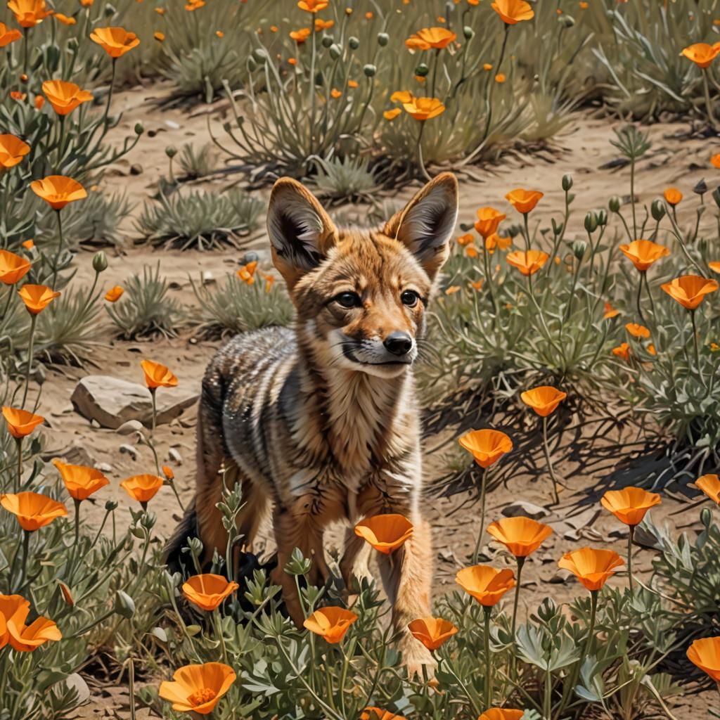 Coyote Pup Portrait in Poppy Field, Hyperrealistic Digital A...