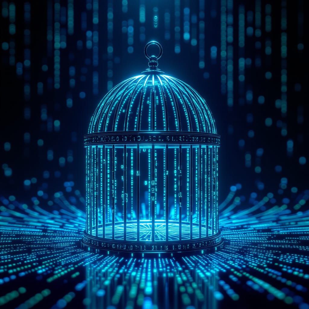 Digital Birdcage of Glowing Code in Void