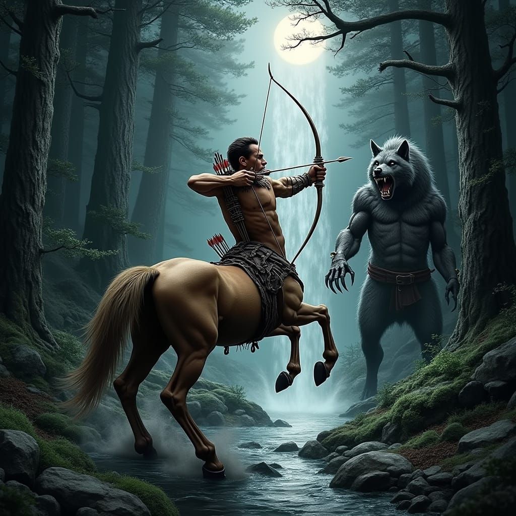Majestic Centaur Battles Gigantic Werewolf Under Moonlit For...