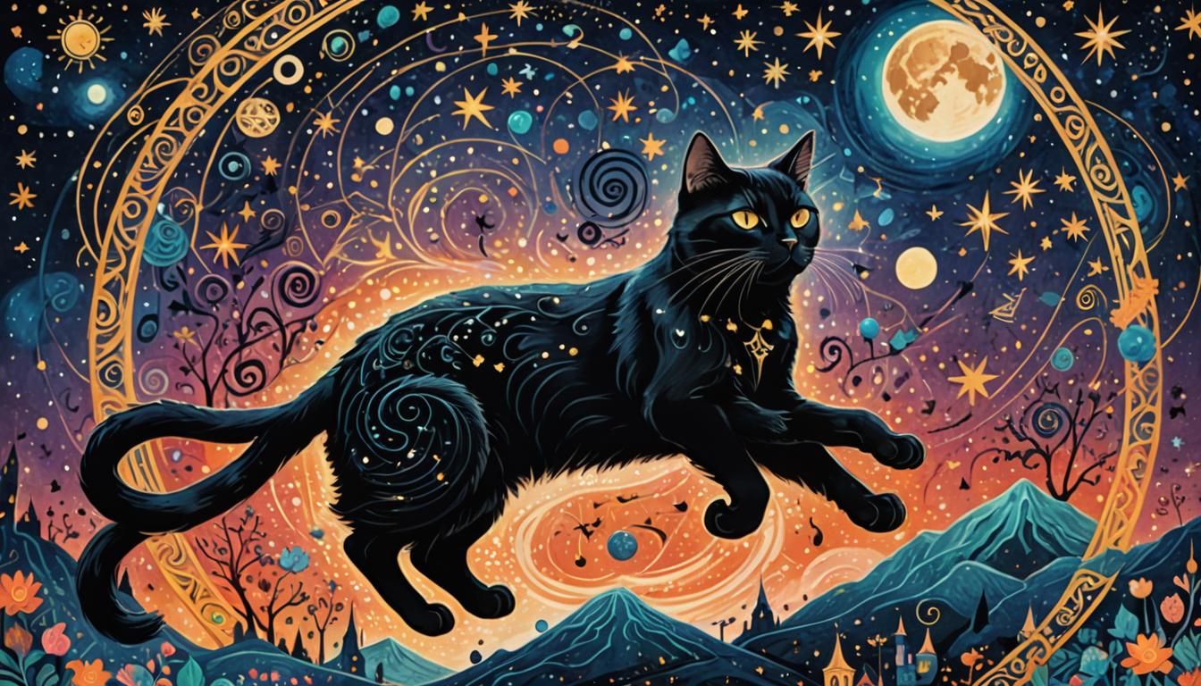 Black Cat Leaps Through Astral Stardust