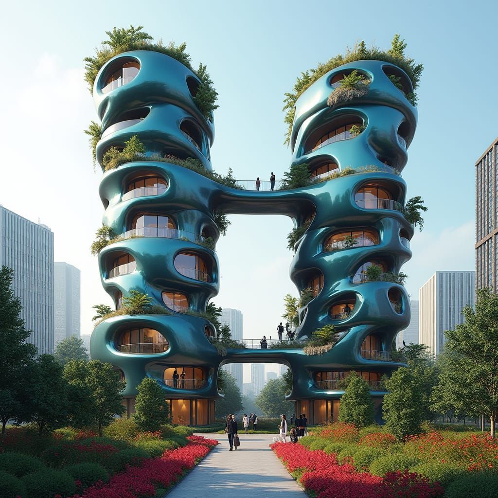 Futuristic Bionic Twin Towers in Dark Cyan and Purple