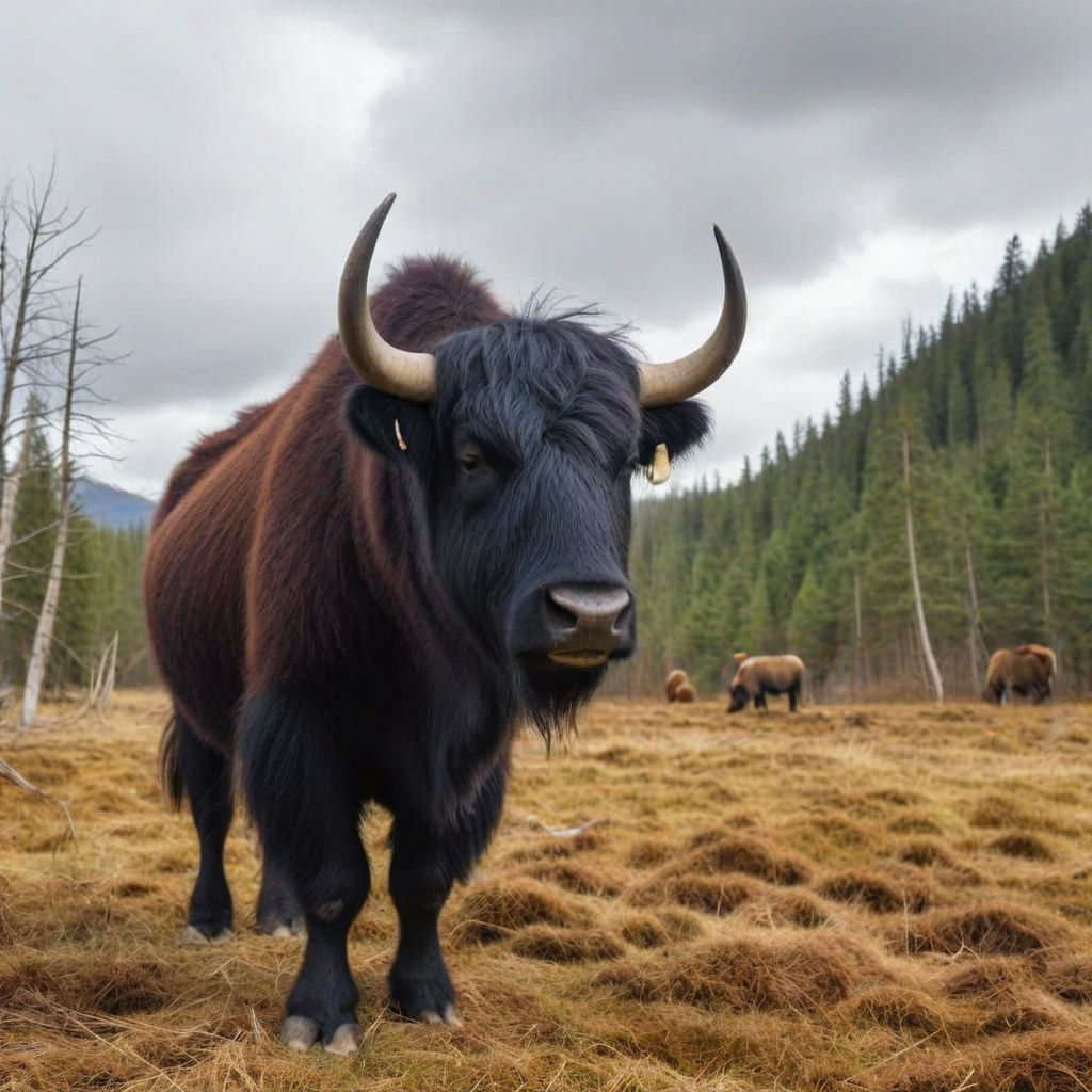 Yak Foraging in a Sunny Forest