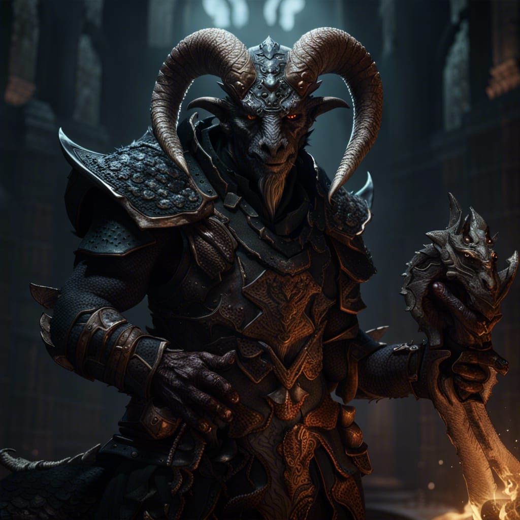 Detailed Dragonborn Wizard with Ram Horns in Dark Fantasy St...