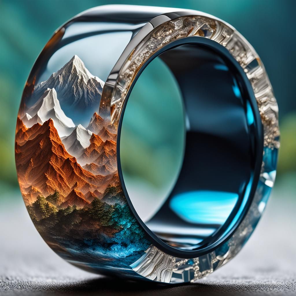 Detailed Macro Resin Mountainscape Ring Photograph