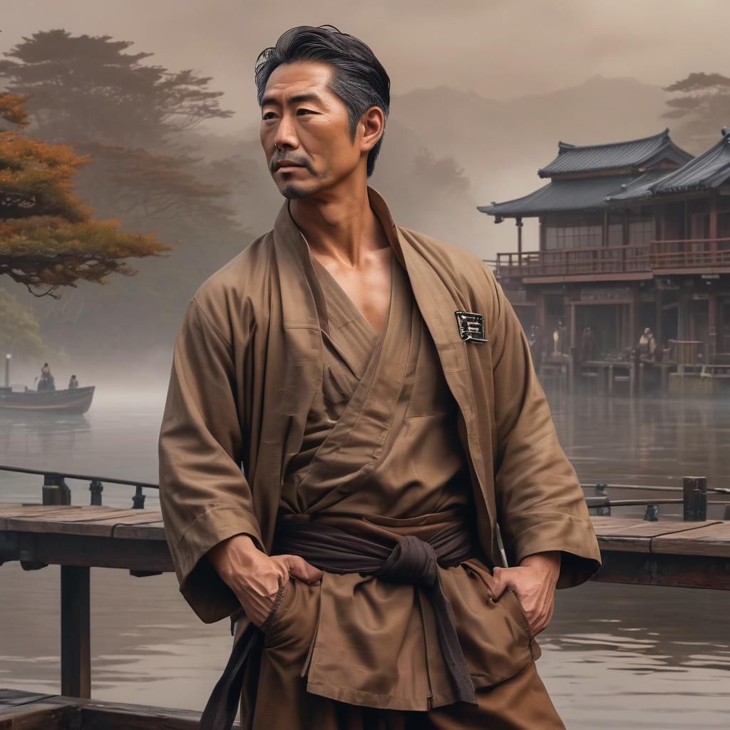 Japanese Man on Waterfront in Comic Book Art Style