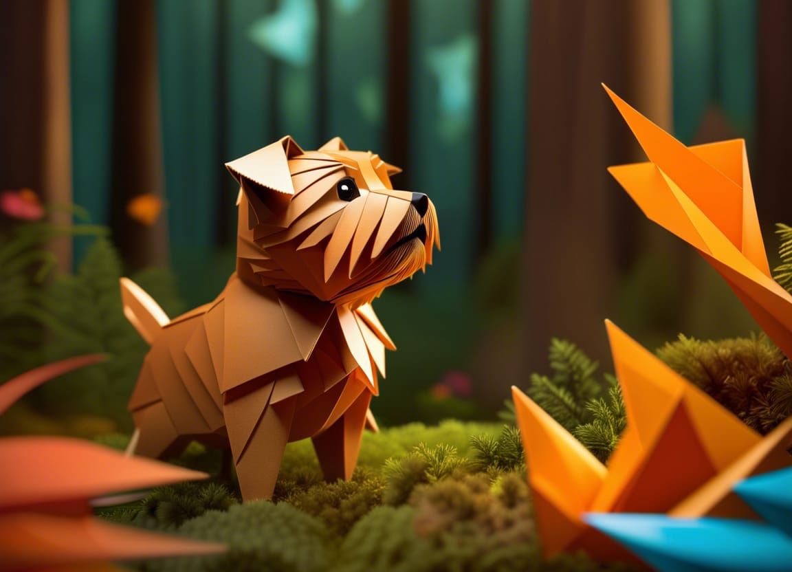 Happy Norfolk Terrier in Origami Forest